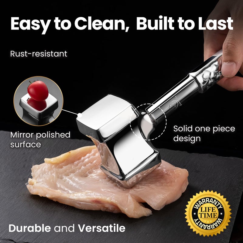 Gourmet Easy Stainless Steel Meat Tenderizer Tool, Premium Meat Mallet with Non-Slip Grip, Dual-sided Kitchen Mallet Ideal for Tenderizing Steak, Poultry & Chicken Cutlet, Dishwasher Safe with Lifetime Replacement - Image 4